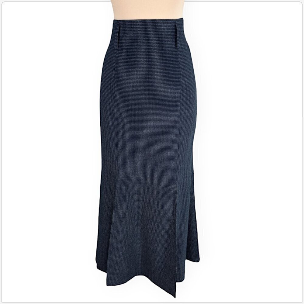 Mondi Vintage Long Navy Windowpane Check Pattern Midi Slit Wool Blend Skirt 38